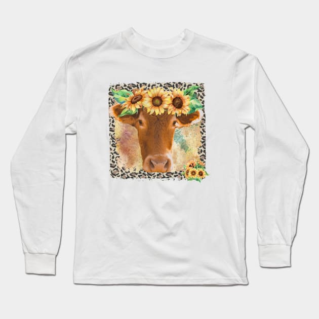 Cow with sunflowers Long Sleeve T-Shirt by Satic